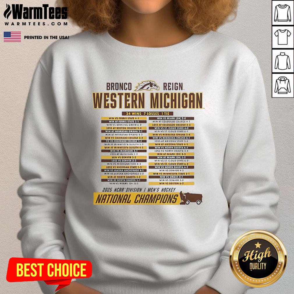 Official Western Michigan Broncos 2025 NCAA Frozen Four Men's Ice Hockey National Champions Schedule Sweatshirt Western Michigan Broncos 2025 NCAA Frozen Four Men's Ice Hockey National Champions sweatshirt featuring team logo.