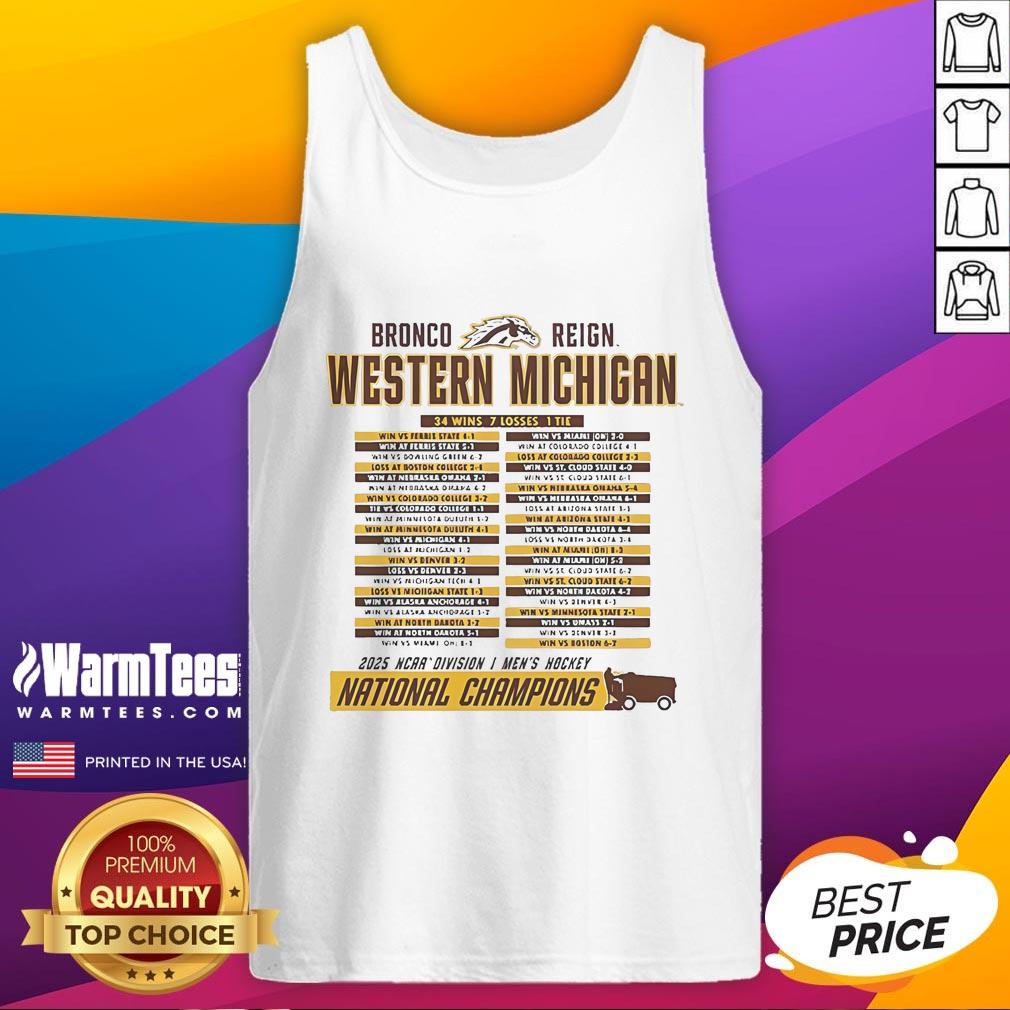 Official Western Michigan Broncos 2025 NCAA Frozen Four Men's Ice Hockey National Champions Schedule Tank Top Official Western Michigan Broncos 2025 NCAA Frozen Four Men's Ice Hockey National Champions Schedule Tank Top design.