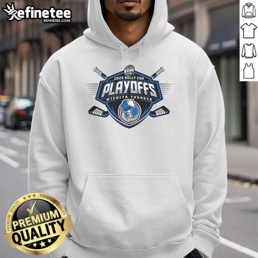 Official Wichita Thunder 2025 Kelly Cup Playoffs hoodie featuring team logo and vibrant colors for fans.