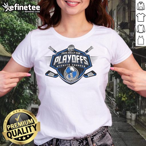 Alt Text: Official Wichita Thunder 2025 Kelly Cup Playoffs ladies tee featuring team colors and logo for fans and supporters.