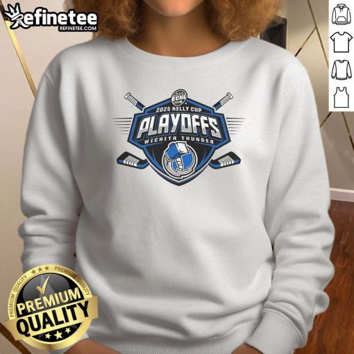 Alt Text: Official Wichita Thunder 2025 Kelly Cup Playoffs sweatshirt featuring team logo and vibrant design for fans.