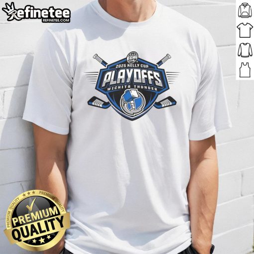 Official Wichita Thunder 2025 Kelly Cup Playoffs T-Shirt featuring team logo and playoff graphics in vibrant colors.