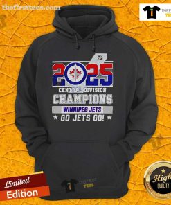 Official Winnipeg Jets 2025 Central Division Champions hoodie with 'Go Jets Go' slogan, perfect for fans and supporters.