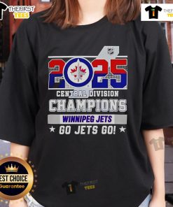 Official Winnipeg Jets 2025 Central Division Champions ladies tee featuring 'Go Jets Go' slogan and team colors.