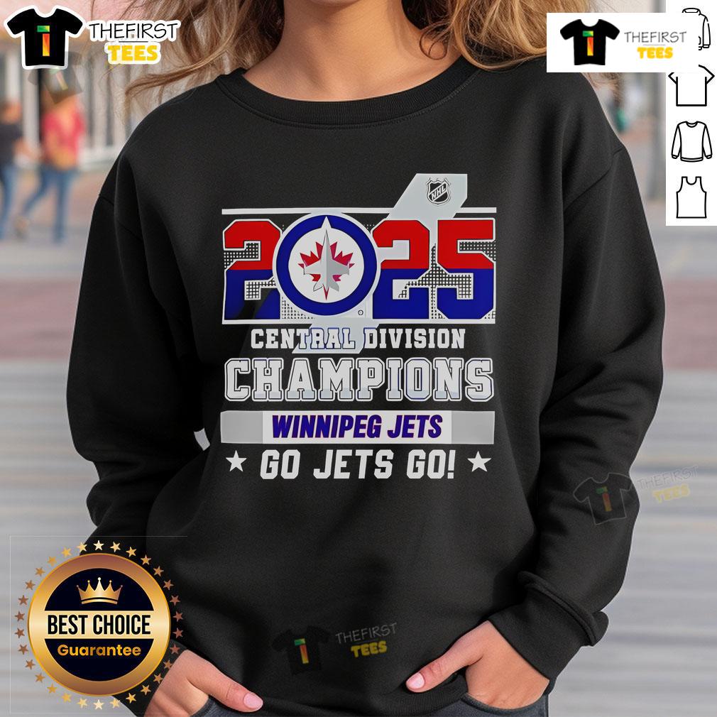 Official Winnipeg Jets 2025 Central Division Champions Go Jets Go Sweatshirt Alt Text: Official Winnipeg Jets 2025 Central Division Champions sweatshirt featuring Go Jets Go slogan in team colors.