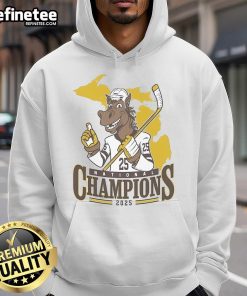 Official WM Western Michigan Broncos Men's Ice Hockey NCAA National Champions 2025 Mascot Hoodie displayed on a hanger.