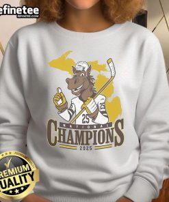 Official WM Western Michigan Broncos men's ice hockey NCAA National Champions 2025 mascot sweatshirt in team colors.