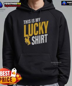 Official Wyoming Cowboys 'This Is My Lucky Hoodie' in blue, showcasing team logo and stylish design for fans.