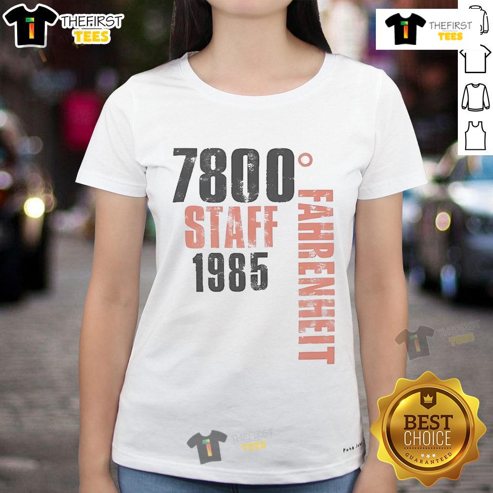Original Bon Jovi 7800° Fahrenheit Staff 1985 Ladies Tee Alt Text: Original Bon Jovi 7800 Fahrenheit 1985 ladies tee featuring vibrant graphics and classic rock style.