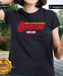 Alt Text: Original Earths Stupidest Heroes: Dumbzone Dan and Jake graphic on a ladies tee, perfect for comic fans.