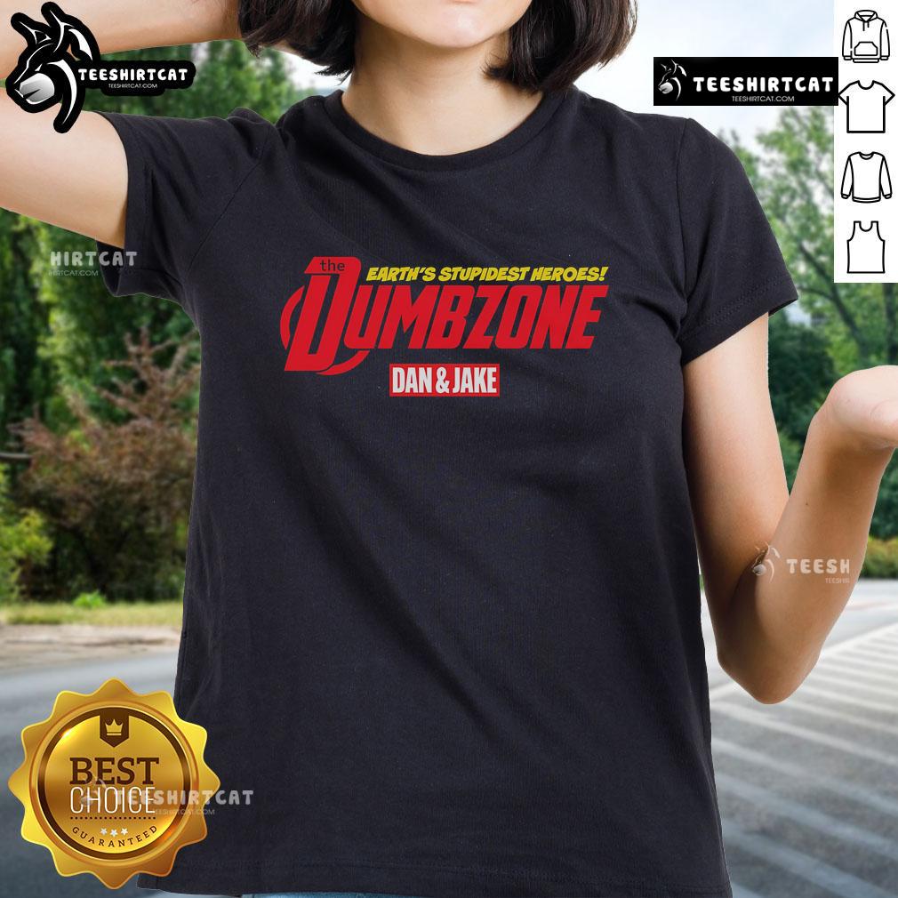 Original Earth'S Stupidest Heroes Dumbzone Dan And Jake Ladies Tee Alt Text: Original Earths Stupidest Heroes: Dumbzone Dan and Jake graphic on a ladies tee, perfect for comic fans.