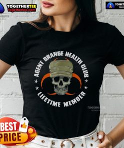 Original Orange Agent Health Club Lifetime Member Vietnam Veterans Ladies Tee showcasing vibrant design and logo.