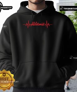 Alt Text: Original Phlebotomist hoodie featuring a heartbeat design and syringe graphic, perfect for blood nurses and medical professionals.