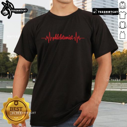 Alt Text: Original Phlebotomist Heartbeat T-Shirt featuring a syringe and heart design, perfect for blood nurses and phlebotomists.