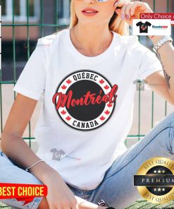 Original Quebec Montreal Canada script circle leaf design on a ladies tee shirt, perfect for casual wear.
