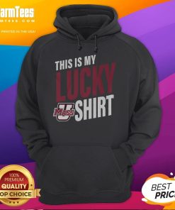 Original UMass Minutemen This Is My Lucky Hoodie in navy blue, featuring the UMass logo and stylish design.