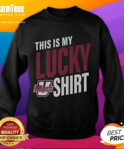Alt Text: Original UMass Minutemen sweatshirt with 'This Is My Lucky Sweatshirt' design, perfect for fans and alumni.