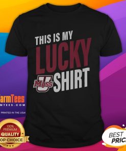Alt Text: Original UMass Minutemen This Is My Lucky T-Shirt featuring a bold graphic design celebrating school spirit.