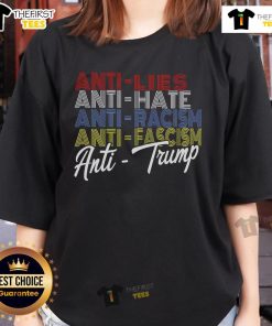 Premium anti-lies, anti-hate, anti-racism bold stripes ladies tee showcasing a strong message against fascism and Trump.