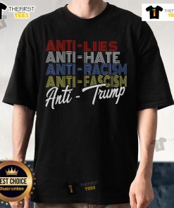Premium Anti-Lies Anti-Hate Anti-Racism Anti-Fascism Anti-Trump T-Shirt with bold stripes, promoting equality and justice.