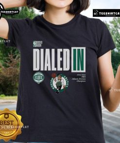Premium Boston Celtics Dialed In 2025 NBA Atlantic Division Champions Ladies Tee in vibrant green, perfect for fans.