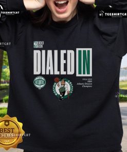 Alt Text: Premium Boston Celtics Dialed In 2025 NBA Atlantic Division Champions Sweatshirt showcasing team logo and vibrant design.