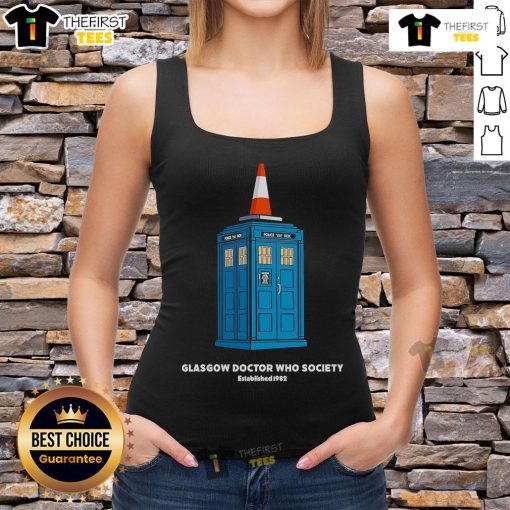 Premium Glasgow Doctor Who Society tank top featuring a stylish design for fans of the iconic sci-fi series.