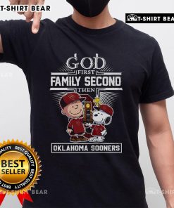 Alt Text: Premium God First Family Second Then Oklahoma Sooners Snoopy T-Shirt featuring a stylish design for fans.