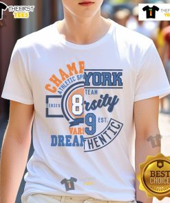 Premium New York Athletic Sports Champions Varsity T-Shirt in navy blue, featuring a classic logo and comfortable fit.