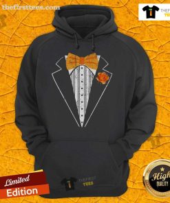 Alt Text: Premium orange bowtie tuxedo costume with retro hoodie design, perfect for stylish parties and festive events.