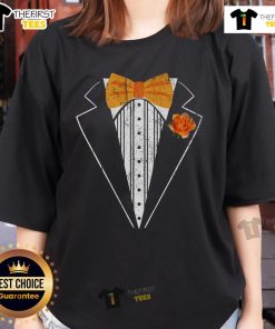 Premium Orange Bowtie Tuxedo Costume Tux Retro Ladies Tee featuring a stylish orange bowtie design for fun occasions.