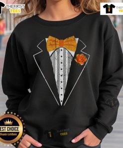 Alt Text: Premium orange bowtie tuxedo costume sweatshirt, featuring a retro design ideal for costume parties and events.