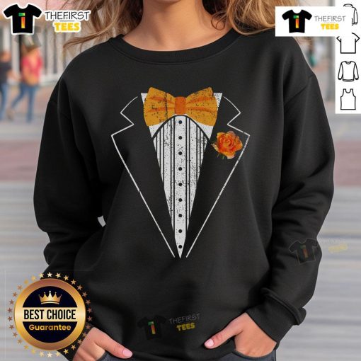 Alt Text: Premium orange bowtie tuxedo costume sweatshirt, featuring a retro design ideal for costume parties and events.