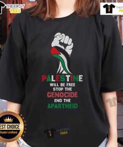 Premium Palestine Will Be Free t-shirt for women, advocating to stop the genocide and end the apartheid in Palestine.