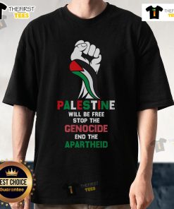 Premium Palestine Will Be Free T-Shirt advocating to stop genocide and end apartheid with bold, impactful graphics.