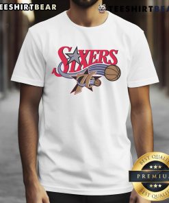 Alt Text: Premium Philadelphia 76ers Hardwood Classics Evergreen T-Shirt featuring vibrant team colors and retro design.