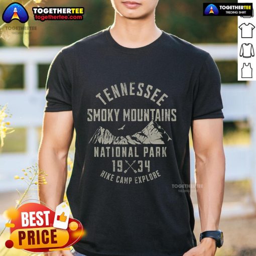 Premium Tennessee Smoky Mountains National Park hike camp explore T-shirt, est. 1934, perfect for outdoor enthusiasts.