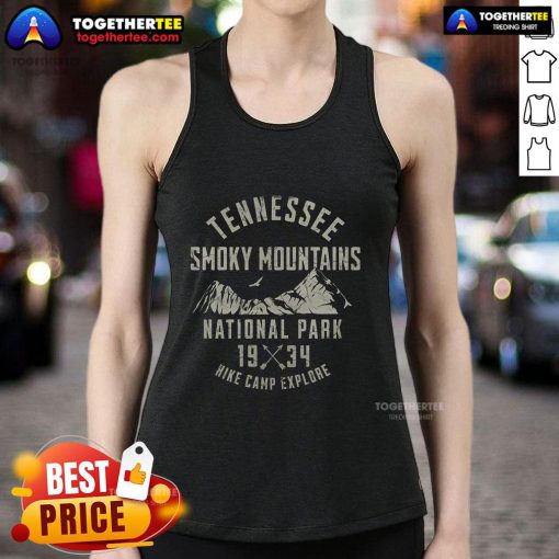 Premium tank top featuring Smoky Mountains National Park design, perfect for hiking and camping since 1934.