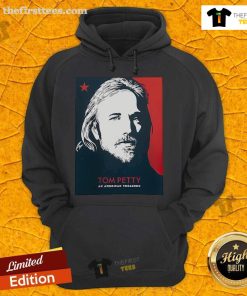 Premium Tom Petty 'An American Treasure' hoodie in blue and red, featuring iconic album artwork and stylish design.