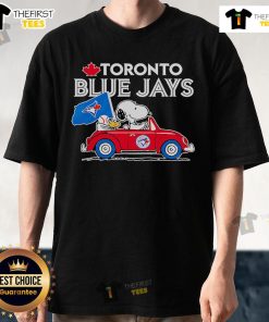Premium Toronto Blue Jays Snoopy Go By Car T-Shirt featuring Snoopy in a Blue Jays cap, perfect for fans and collectors.