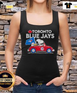 Alt Text: Premium Toronto Blue Jays Snoopy Go By Car Tank Top featuring a fun, vibrant design for baseball fans and Snoopy lovers.