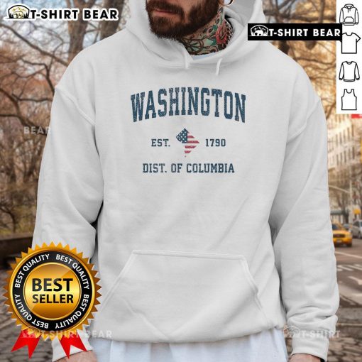 Premium Washington DC Vintage American Flag USA Est 1790 Hoodie featuring a classic design and patriotic colors.