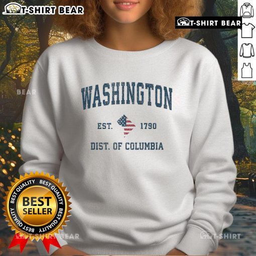 Premium Washington DC vintage American flag sweatshirt, USA established 1790, showcasing classic patriotic design.