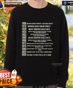 Premium woman wearing a feminist sweatshirt featuring a right achievement list, showcasing empowerment and style.