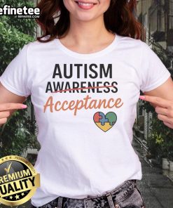 Pretty Autism Awareness Acceptance Heart Ladies Tee featuring a colorful heart design promoting inclusivity and support.