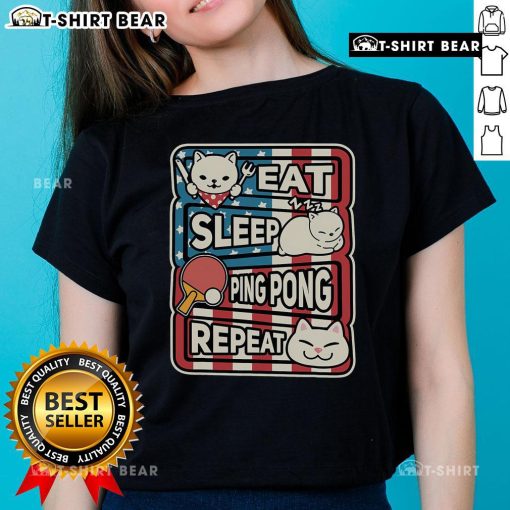 Patriotic ladies tee featuring a cute cat with a 'Eat Sleep Ping Pong Repeat' design, perfect for table tennis fans.
