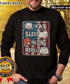 Cute cat in a patriotic sweatshirt playing ping pong, representing the eat, sleep, table tennis, repeat lifestyle.