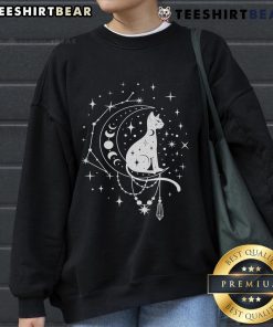 Alt Text: Cozy sweatshirt featuring a pretty celestial cat, crescent moon, stars, and constellation design for astrology lovers.
