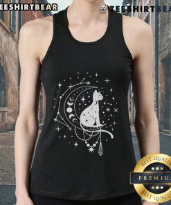 Alt Text: Stylish celestial cat tank top featuring a crescent moon, stars, and constellation design for astrology lovers.