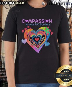 Pretty Compassion Knows No Borders Hearts Ladies Tee featuring a colorful heart design, promoting love and unity.